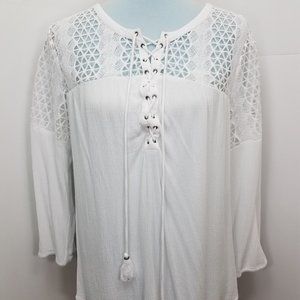 Daniel Rainn White Lace Tassel Tie BOHO Top